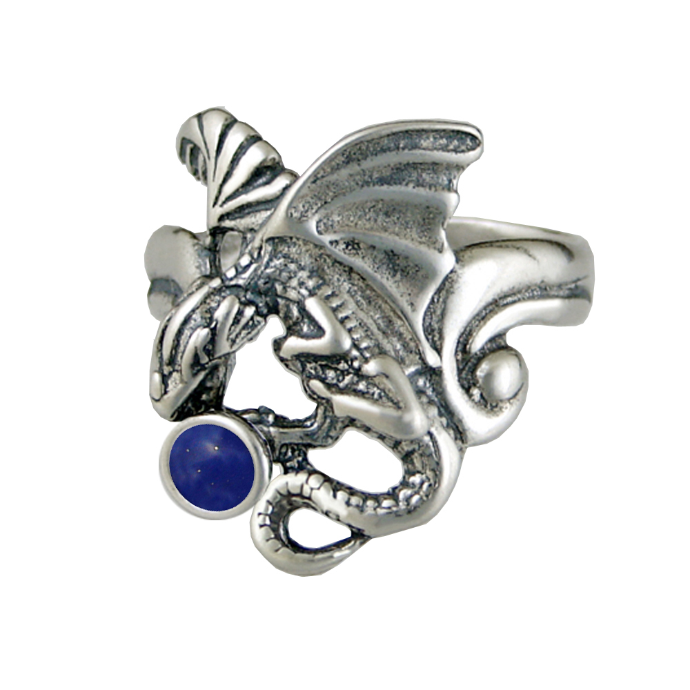 Sterling Silver Detailed Dragon Ring With Lapis Lazuli Size 11